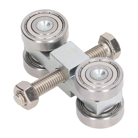 Heavy Duty Four Wheel Steel Pulley Assembly Featuring Deep Groove Ball Bearings For Smooth Rock Solid V Belt Drive And Strut Channel Gear That Kicks Ass And Never Craps Out in close-up view showing metal construction and ball bearings.