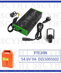Upgrade Your PTE20N Electric Pallet Jack With This Rock Solid 48V 20AH LiFePO4 Lithium Battery Pack Featuring Compact 378X280X75mm Design And Easy Six Pin Charging Port For Max Range. Image of a green and black charger with cables.