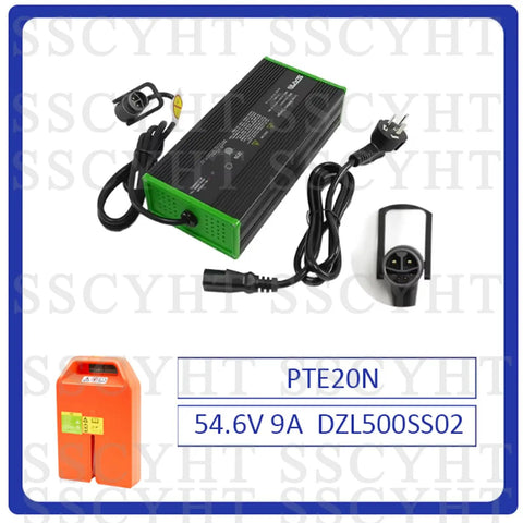 Upgrade Your PTE20N Electric Pallet Jack With This Rock Solid 48V 20AH LiFePO4 Lithium Battery Pack Featuring Compact 378X280X75mm Design And Easy Six Pin Charging Port For Max Range. Image of a green and black charger with cables.