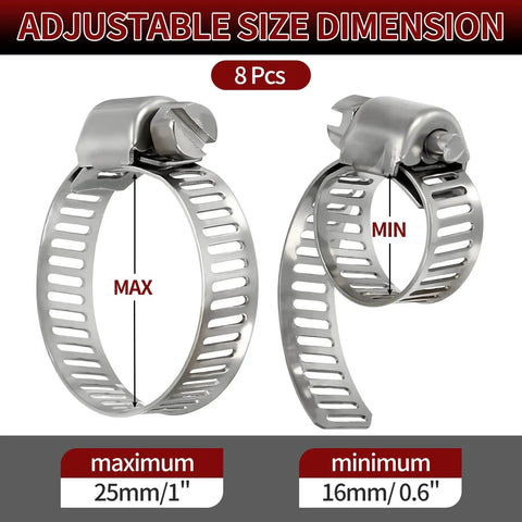 8-Pack Heavy Duty Stainless Steel Hose Clamps, Adjustable 0.6-1 Inch (16-25mm), Worm Gear Metal Fuel Line Clamps