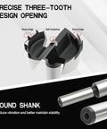 Detailed view of the three-tooth design and round shank of the Eight Piece Heavy Duty Hex Shank Forstner Bit Set Built From Heat Treated Steel.