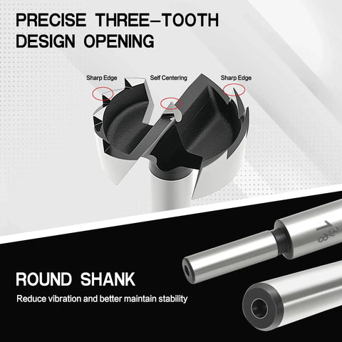 Detailed view of the three-tooth design and round shank of the Eight Piece Heavy Duty Hex Shank Forstner Bit Set Built From Heat Treated Steel.