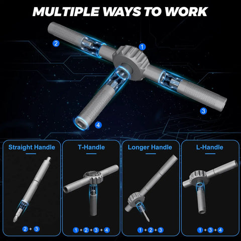 Top Shelf 67 In 1 Ratcheting Screwdriver Set With Badass High Torque Drive and Flexible Hand Grip, showing multi-position handle options.
