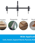LifCratms adjustable hole saw guide with center drill bit on a black metal crossbar and end supports