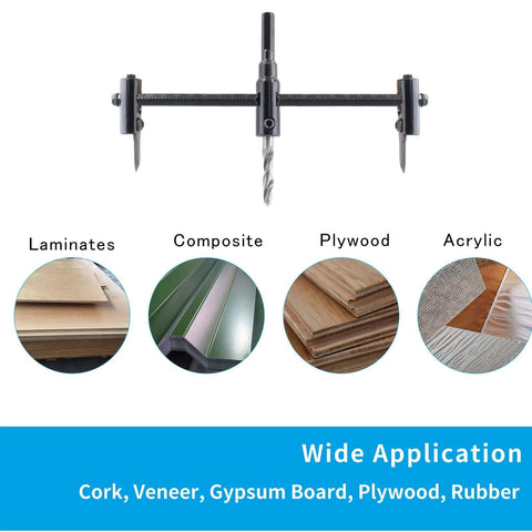 LifCratms adjustable hole saw guide with center drill bit on a black metal crossbar and end supports
