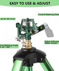 Close-up of a Green Zinc Alloy Water Bird Sprinkler with Heavy Duty Tripod Base and adjustable nozzle, 1 Pack