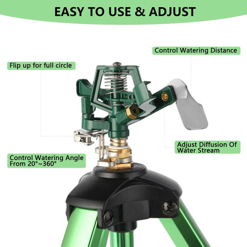 Close-up of a Green Zinc Alloy Water Bird Sprinkler with Heavy Duty Tripod Base and adjustable nozzle, 1 Pack