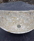 Slick Black 20 Inch Legit Marble Vessel Sink With Mother Of Pearl Overlay High Gloss Finish with round drainage hole.