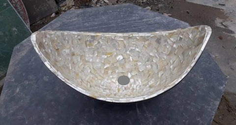 Slick Black 20 Inch Legit Marble Vessel Sink With Mother Of Pearl Overlay High Gloss Finish with round drainage hole.