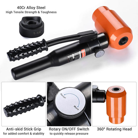 Hydraulic Knockout Punch Set, 15-Ton Handheld Conduit Hole Cutter Kit, close-up of orange hydraulic pump with anti-skid grip.