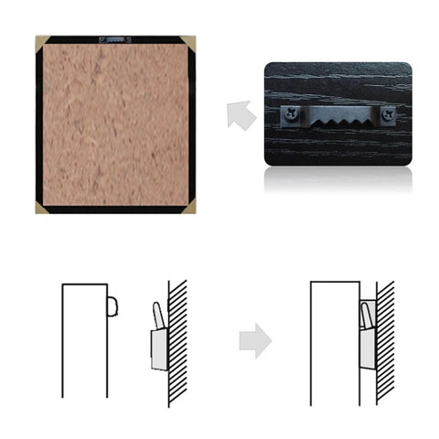 Steel Sawtooth Picture Hangers With Screws 50 Pack for Frames Clocks Paintings and Artwork, showing installation steps on frames