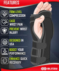 Carpal Tunnel Wrist Brace Night Support With Splint Stabilizer And Palm Cushion shown on a hand with features highlighted
