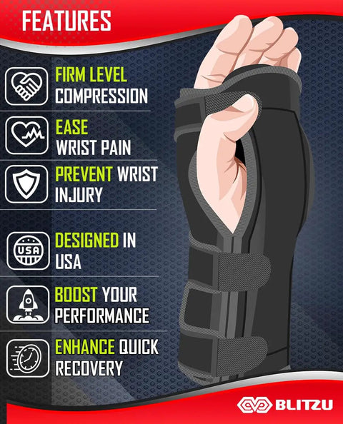 Carpal Tunnel Wrist Brace Night Support With Splint Stabilizer And Palm Cushion shown on a hand with features highlighted