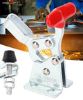2 Piece Toggle Clamp Set Quick Release Vertical Welding Holding Clamps For Woodworking Jigs And Fixtures Drill Press Crosscut Sled Heavy Duty Metal Construction For Secure Precise Workholding, showing silver clamp with red handle and additional parts in a workshop setting