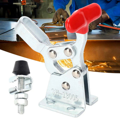 Pair Of Heavy Duty Welding Toggle Clamps Featuring Horizontal Jaw Design And Quick Release Handles For Sick Grip Performance That Locks Material Down Tight Without Any Hassle During Tough Custom Shop Builds, showcasing a durable metal design.