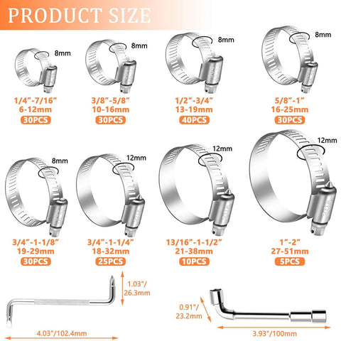 Hose clamp assortment set, 202 pcs, 304 stainless steel worm-gear clamps, sizes 1/4–2 in (6–51 mm)