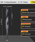 Front view of CoCud drill bit, 37/64 inch diameter, 3/8 inch shank, 3-flat, HSS nitriding black, 118 degree angle.