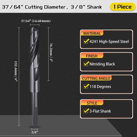 Front view of CoCud drill bit, 37/64 inch diameter, 3/8 inch shank, 3-flat, HSS nitriding black, 118 degree angle.