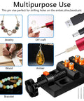 Pro Grade Electric Resin Drill Set With Pin Vise For Molds And Jewelry Casting shown drilling wood, amber, and jewelry pieces