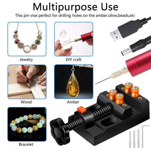 Pro Grade Electric Resin Drill Set With Pin Vise For Molds And Jewelry Casting shown drilling wood, amber, and jewelry pieces