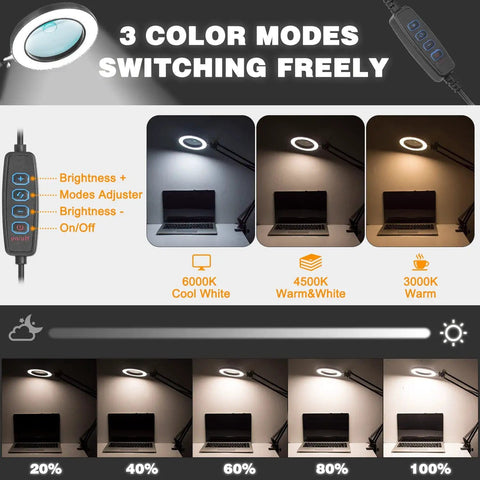 Ultimate Crafting Desk Magnifier Lamp With Light showing 3 LED color modes and dimming levels displayed over a desk setup.