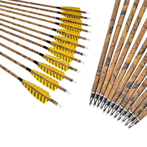 30 Inch Carbon Arrows For Compound Recurve And Traditional Bows With 4 Inch Turkey Feather Fletching 500 Spine Removable 100 Grain Screw In Tips Target Practice And Hunting Arrows Pack Of 6, showing yellow fletching and metal tips