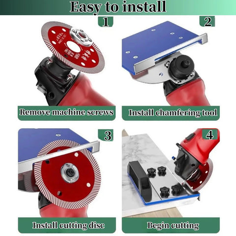 Installation steps for 45 Degree Tile Chamfering Tool For Type 100 Angle Grinder on ceramic tile, showing mounting and cutting.