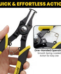 4 In 1 Heavy Duty Snap Ring Pliers Set With Interchangeable Heads For Internal And External Retaining Rings 45 And 90 Degree Angled Jaws Circlip Removal Tool For Auto Repair Machinery And Home DIY shown with one-handed operation and spring-loaded action