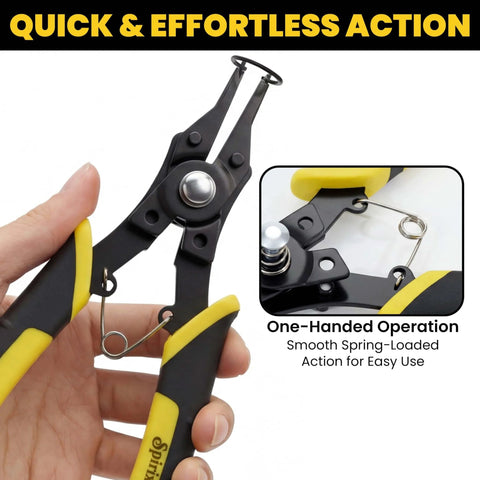 4 In 1 Heavy Duty Snap Ring Pliers Set With Interchangeable Heads For Internal And External Retaining Rings 45 And 90 Degree Angled Jaws Circlip Removal Tool For Auto Repair Machinery And Home DIY shown with one-handed operation and spring-loaded action