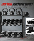 Three Tier Dumbbell Rack Stand For Home Gym With Adjustable Height And Space Saving Compact Design 1000 Lb Capacity Heavy Duty Weight Storage Durable Steel Rack with weights.