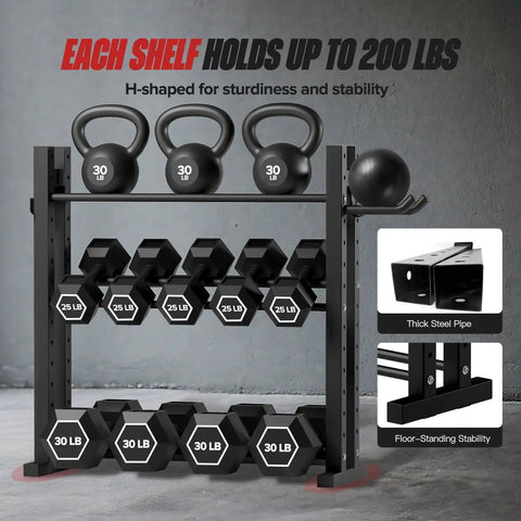 Three Tier Dumbbell Rack Stand For Home Gym With Adjustable Height And Space Saving Compact Design 1000 Lb Capacity Heavy Duty Weight Storage Durable Steel Rack with weights.