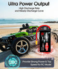 3S LiPo Battery 4200mAh 120C 11.4V Softcase XT60 Connector next to RC car on sandy terrain