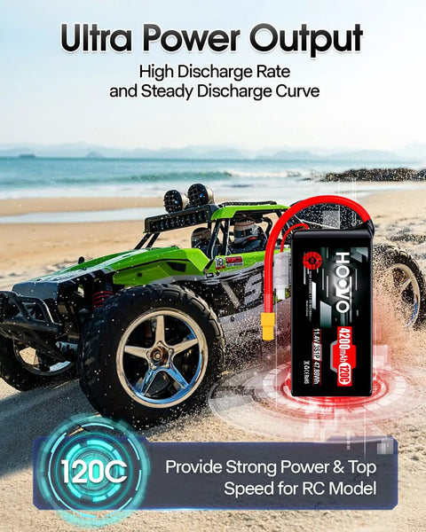 3S LiPo Battery 4200mAh 120C 11.4V Softcase XT60 Connector next to RC car on sandy terrain