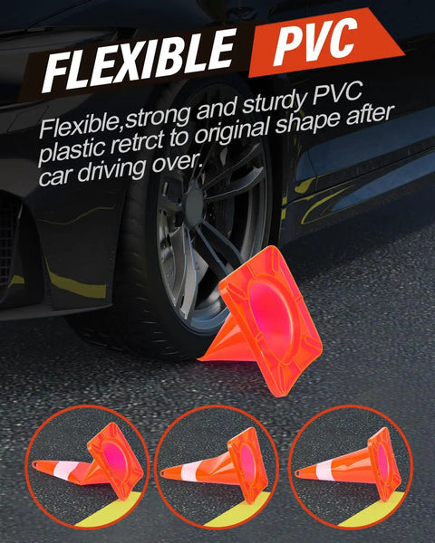 18 Inch Orange Traffic Cones 6 Pack With Handle, Reflective 360 Degree Collar showing flexibility under car weight