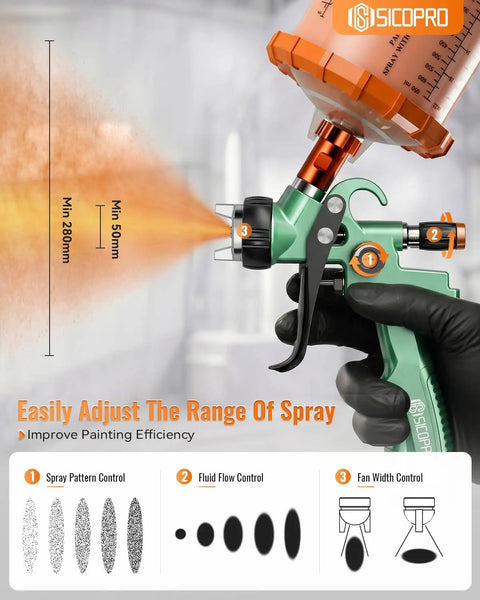 Pro Grade HVLP Auto Paint Spray Gun Knocking Out Slick Glass Finish With Precision Micron Atomization For Quick Garage Hot Rod Touch Ups Featuring Ten Spill Proof Disposable Cups For Stress Free Weekend Wrenching showing adjustable spray controls.