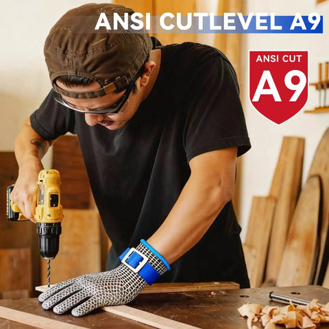 Man working with drill wearing Cut Resistant Chainmail Gloves With Stainless Steel Mesh, Ambidextrous Steel Glove And Nylon Liner Glove