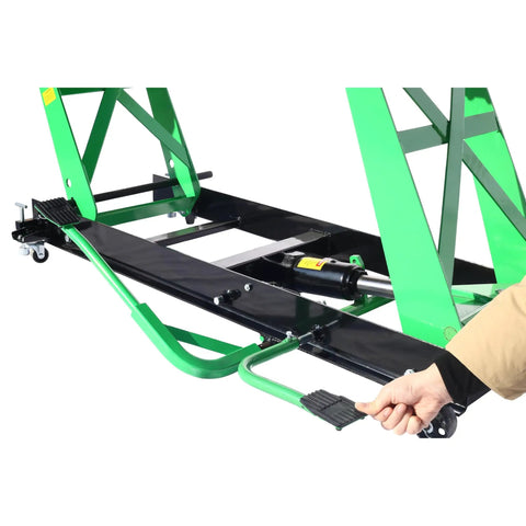 Heavy Duty Hydraulic Motorcycle Lift With A Badass 1000 Lb Load Rating And Smooth Cranking Hoist Jack Stand For Garage Repairs Plus Adjustable Mobile Ramp In Bright Green