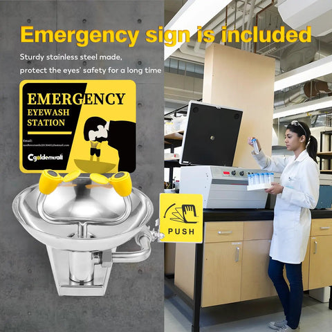 Image of Must Have Wall Mounted Eyewash Station That Is OSHA Approved Emergency Eye Wash With Stainless Steel Bowl NPT Threads Includes Emergency Sign ANSI Z358.1 2014 Compliant Heavy Duty Safety Gear For Workplace Quick Install, showing a doctor in a lab adjusting equipment and the included emergency sign.
