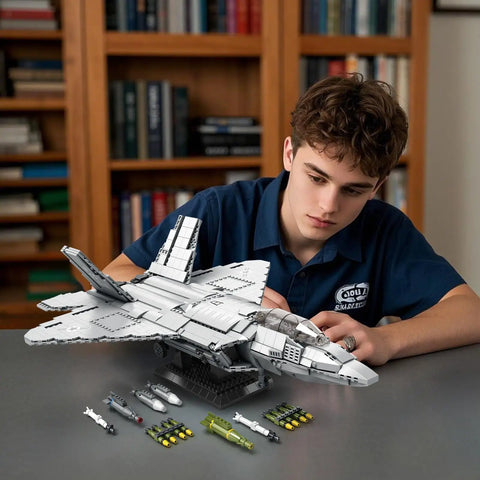Teen assembling F-22 Raptor Fighter Jet Building Set For Adults And Aviation Fans, Realistic Military Plane Display Model