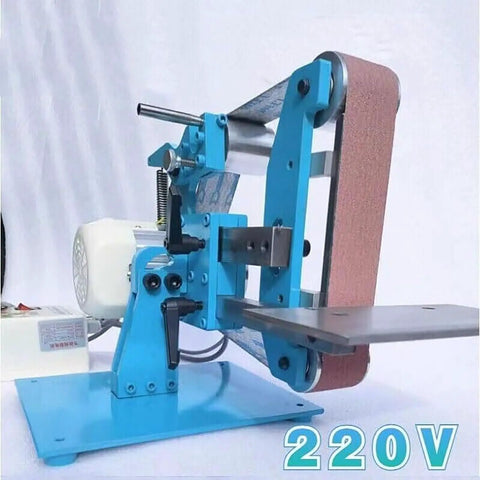 Badass 1100W Brushless Belt Sander Packing Rock Solid Steel Guts And A Slick Two In One Vertical Horizontal Layout For Smooth Wood Metal Grinding Polishing And Sharpening With Adjustable Speed To Get The Job Done Fast, close-up view of the blue sander.