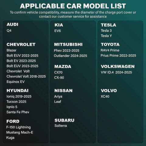 Applicable car model list for Tough As Nails EV Charger Port Cover with secure magnetic lock for various electric vehicles.