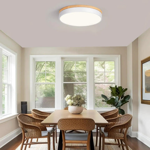 Wooden Flush Mount Ceiling Light With Dimmable LED 5CCT 2700K 6000K Round 16 Inch Ceiling Fixture For Kitchen Living Room Dining Room And Bedroom Modern Farmhouse Style Easy Install And Brilliance Control Lit