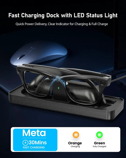 Charging Dock For Meta Smart Glasses Gen 1 And Gen 2 Fast Charger Station with LED indicator showing glasses charging.