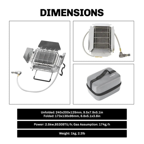 Dimensions of Sunflower X 2 In 1 Camping Heater And Stove For Outdoors High Heat Infrared 2.5kW 8530 BTU Windproof Portable Stainless Steel