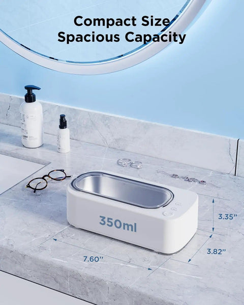 Ultrasonic Jewelry Cleaner Machine With 48KHz Tech Dual Cleaning Modes 350ML 304 Stainless Steel Tank on bathroom countertop