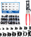 105 Piece 6 To 25Mm Spring Band Hose Clamp Kit With Pliers 15 Sizes Pro Grade Assorted Hose Clips visible with pliers