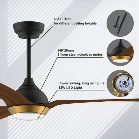 Diagram of 52 Inch Gold Boho Ceiling Fan With Dimmable LED Light, Quiet DC Motor, showing rod options, motor, and LED light.