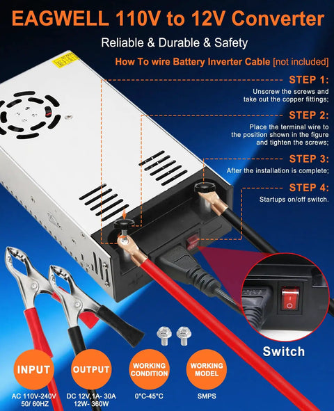 New Version 110V To 12V DC Power Converter Beefy 360W Auto Adjust AC To DC Transformer with wiring instructions and switch
