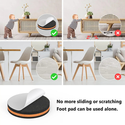 Child leaning on furniture with 20 Set Built Tough Furniture Levelers With Floor Protectors preventing sliding or scratching