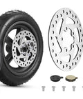120mm 5 Hole Stainless Steel Brake Disc With 2 Brake Pads For Electric Scooter And Bicycle Upgrades Compatible With M365 Pro And Pro2 Heavy Duty Rotor For Safer Smoother Braking And Easy Mod Install next to scooter wheel with screws